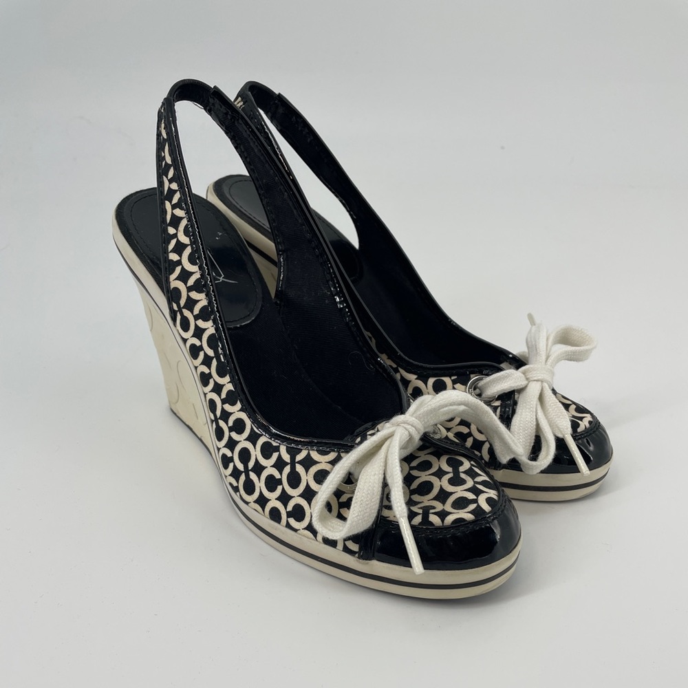 Coach Y2K Monogram Emilana Slingback Lace Up Wedge Shoes Black & White Size 8